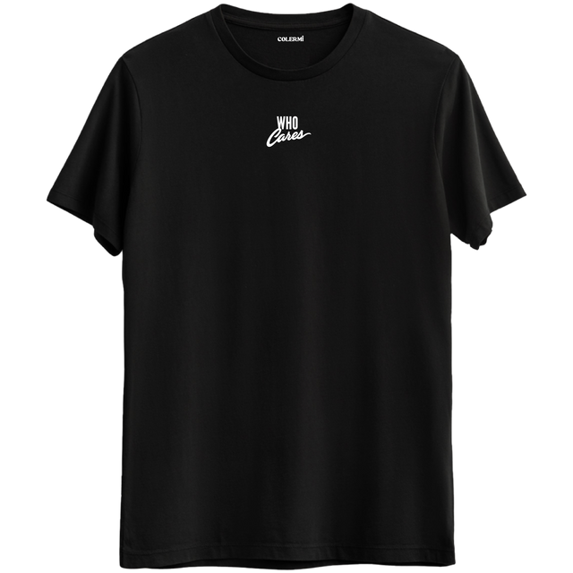 "Who Cares" yazılı umursamazlık ve özgürlüğü simgeleyen Bisiklet Yaka T-Shirt.