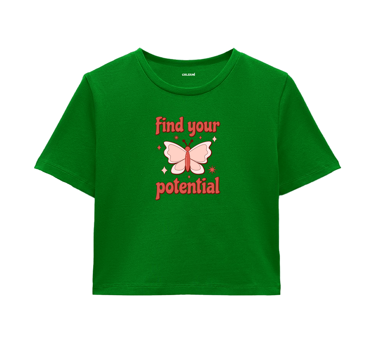 Find Your Potential Crop Top - Bold Red Butterfly Design