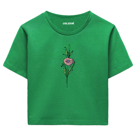 Crop T-Shirt - Minimal Çiçek İllüstrasyonu