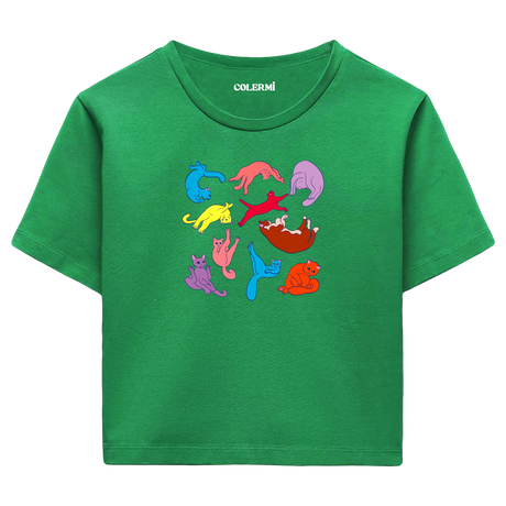 Yoga Crop T-Shirt - Renkli Kedilerin Yoga Pozları