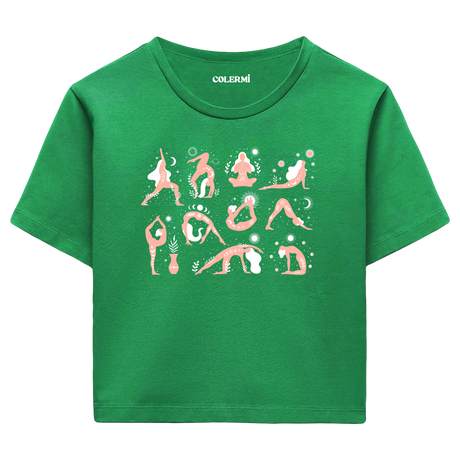 Yoga Crop T-Shirt - Yoga Pozları ve Doğa İllüstrasyonlu Crop T-Shirt
